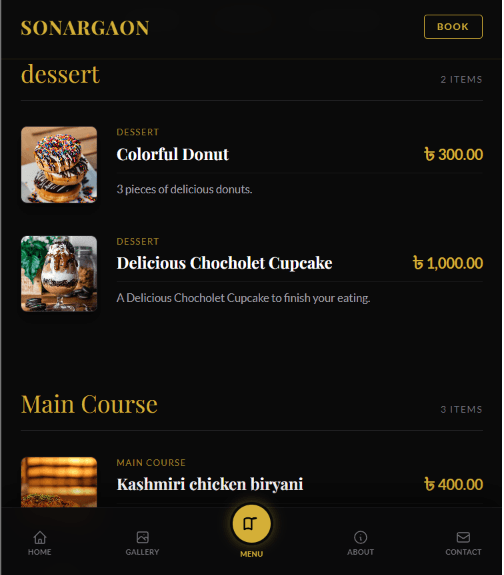 A heritage restaurant platform with mobile app-style dining UI and full multi-branch admin control — Sonargaon